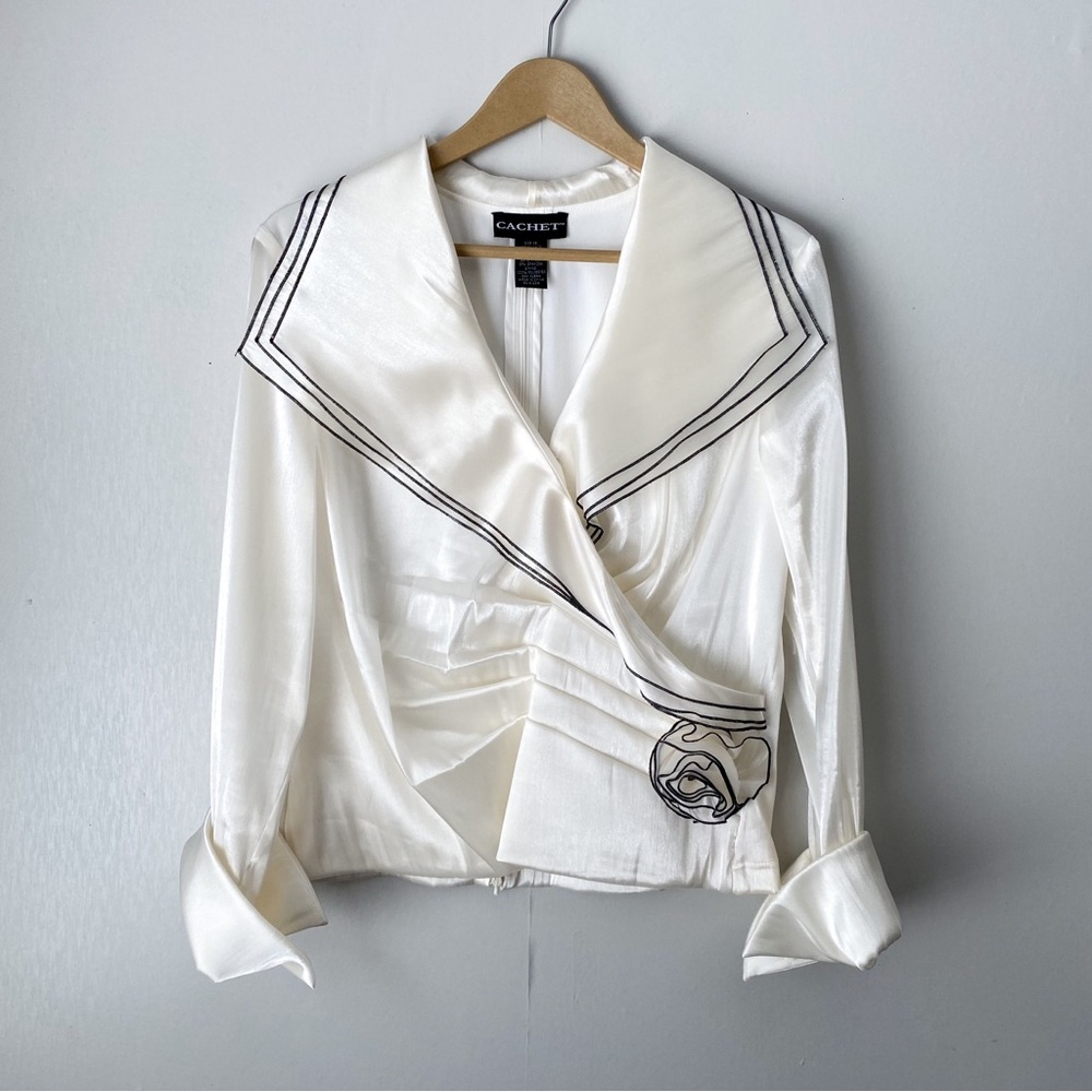 Vintage Satin Exaggerated Collar Rosette Long Sleeve Blouse 14